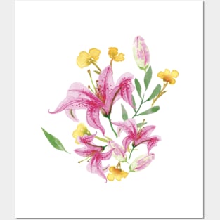 Hot Pink Watercolor Flowers and Leaves Posters and Art